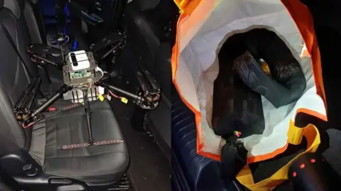 Nottinghamshire Police A drone and drugs, phones, chargers and SIM cars inside a car