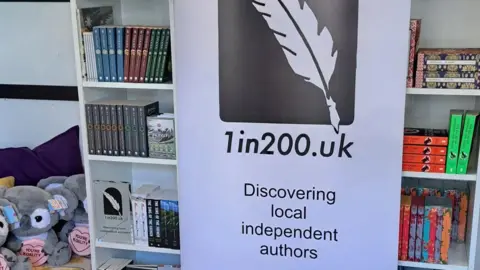 Colin Wade The 1in200 scheme banner in front of a book shelf in the Burford's Madhatter bookshop. There are also plush toys nearby. The sign reads "Discovering local independent authors".