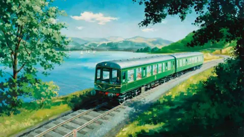 National Railway Museum / Science & Society Picture Library A painting of a diesel train on the shore of Bassenthwaite Lake, near Keswick, Cumberland