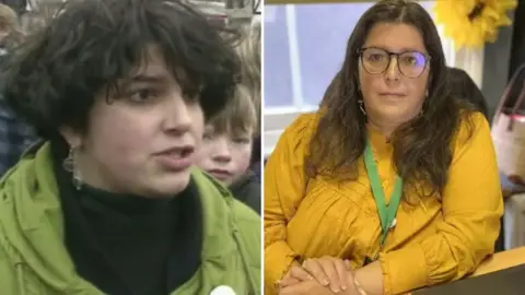 BBC On the left is an image of Maria Wilby speaking to the BBC in 1995 wearing a black jumper and light green coat. On the right is a photo of her in 2023 wearing glasses and a yellow blouse.